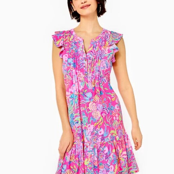 Lilly Pulitzer Golda Dress Pintuck Flutter Sleeve Printed Mini New M - Picture 1 of 1